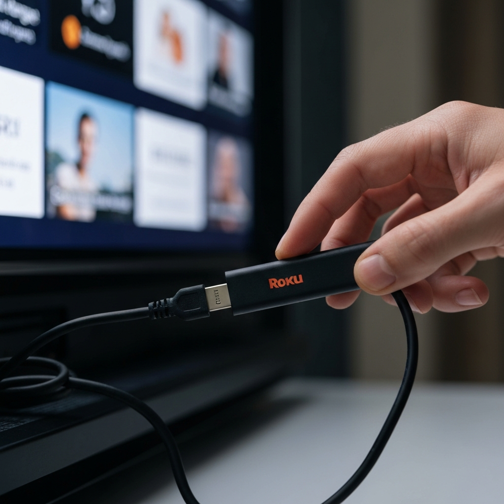 A close-up of a hand gently unplugging a Roku streaming stick from the back of a TV. The TV screen is slightly blurred in the background, showing a paused streaming service. Soft, diffused lighting highlights the textures of the Roku and the surrounding cables.
