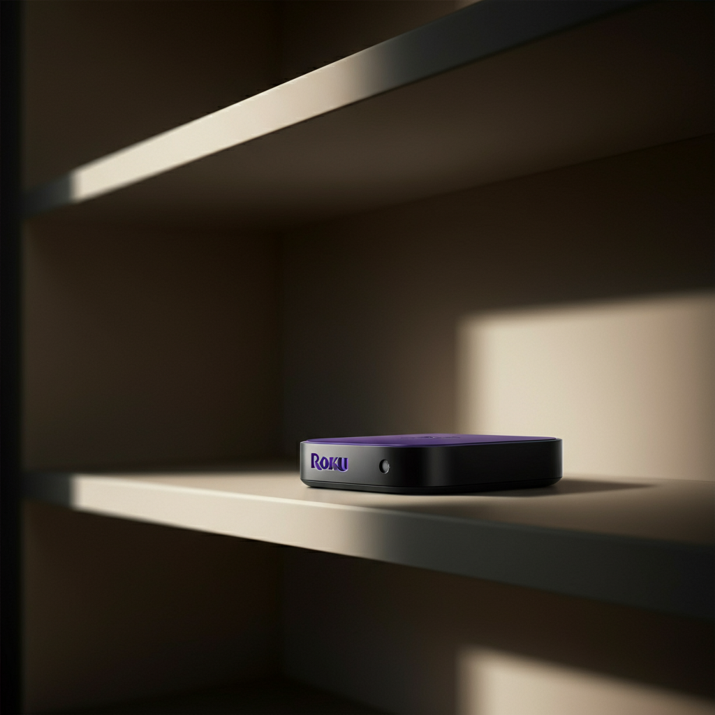 A Roku device sitting on an open shelf, with several inches of empty space around it. The surrounding shelves are clean and uncluttered, allowing for good airflow. Natural daylight streams in from a nearby window, casting soft shadows.