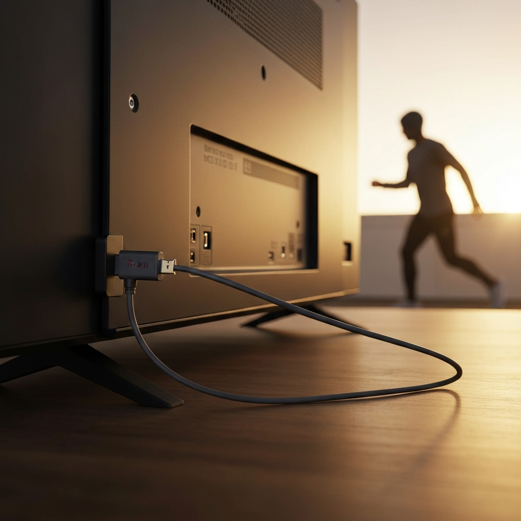 An HDMI extender cable connecting a Roku streaming stick to the back of a television. The cable is neatly routed, and the Roku is positioned away from the hottest part of the TV. The photo is taken from a low angle, emphasizing the connection and the distance created.
