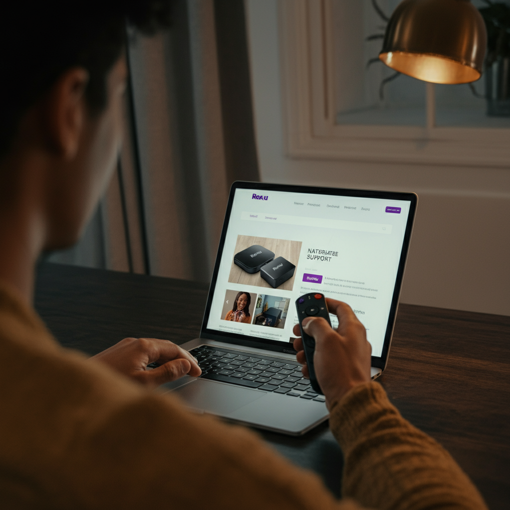 A person sitting at a desk, looking at a laptop screen. The Roku website support page is visible on the screen. The person is holding a Roku remote in their hand. The lighting is soft and professional, with a shallow depth of field.