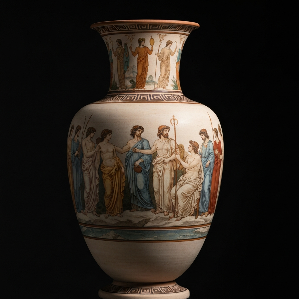 A detailed painting on a classical Greek vase depicting a gathering of deities on Mount Olympus, soft lighting highlighting the texture of the ceramic and intricate figures.