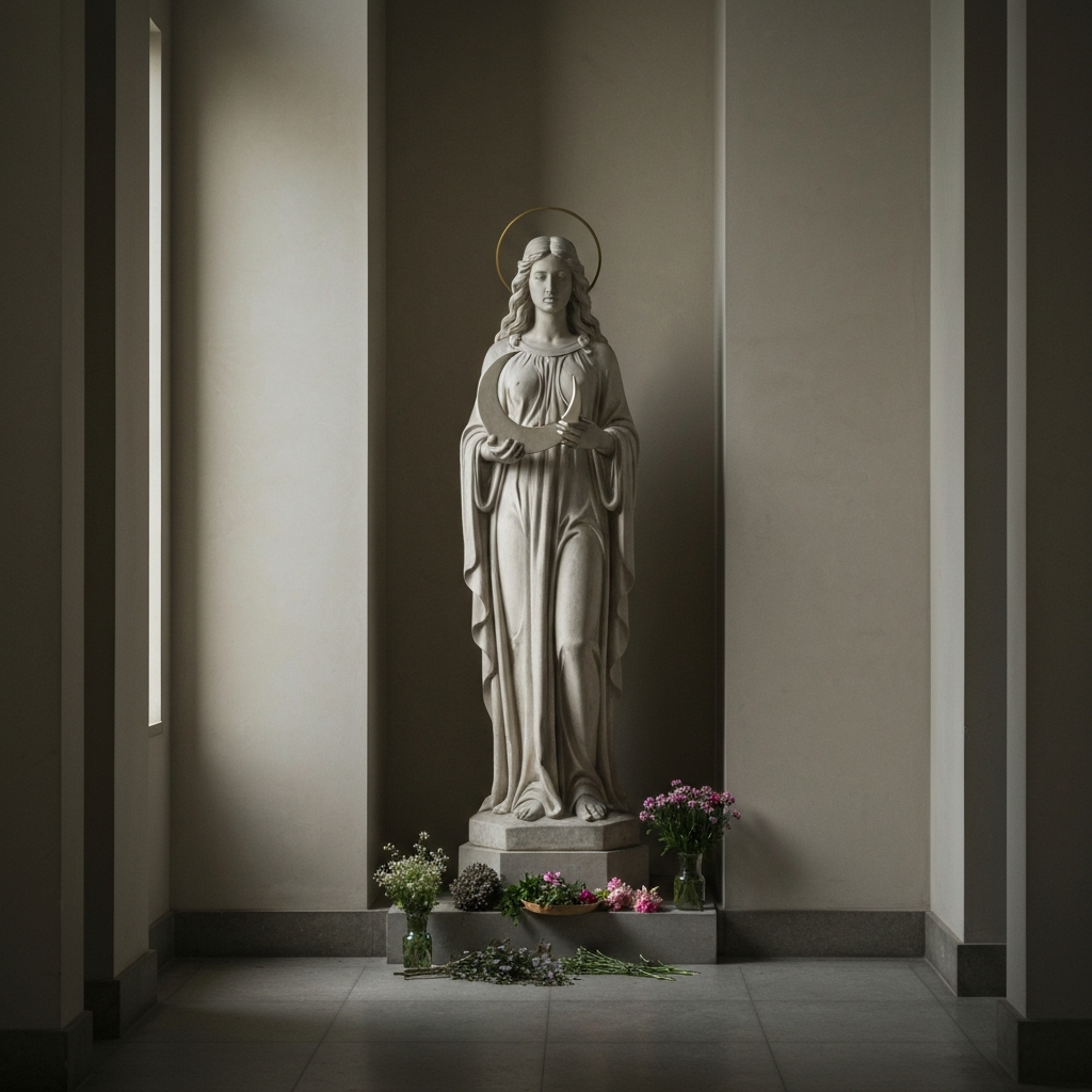 A dimly lit sanctuary with a statue of Achelois holding a crescent moon. Soft focus to emulate a dreamlike atmosphere. Offerings of herbs and flowers are placed at her feet.