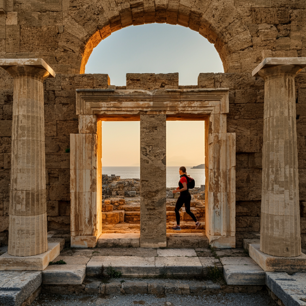 The ruins of a temple dedicated to Alectrona in Rhodes. Golden hour lighting emphasizes the weathered stone and architectural details, with a distant view of the Aegean Sea.