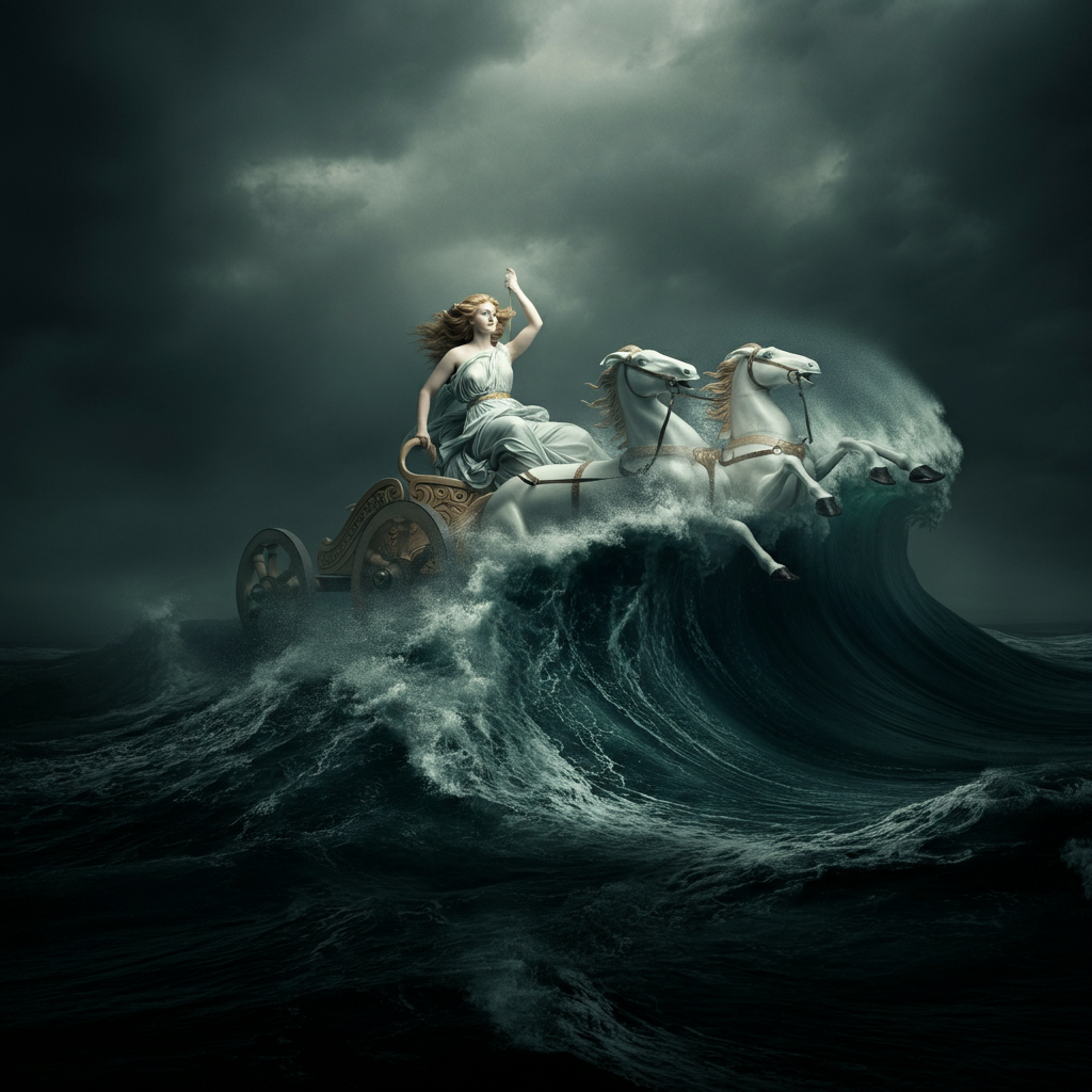 A dramatic depiction of Amphitrite riding a chariot pulled by sea creatures, waves crashing around her. Use of contrasting light to highlight her powerful presence.