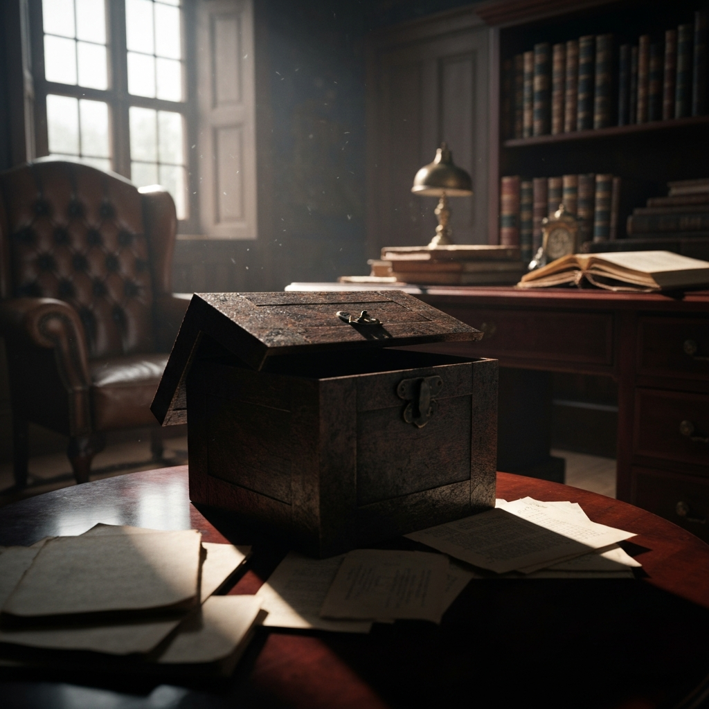 A dimly lit study with Pandora's box slightly ajar. Soft, diffused lighting with emphasis on the shadows and textures of the box.
