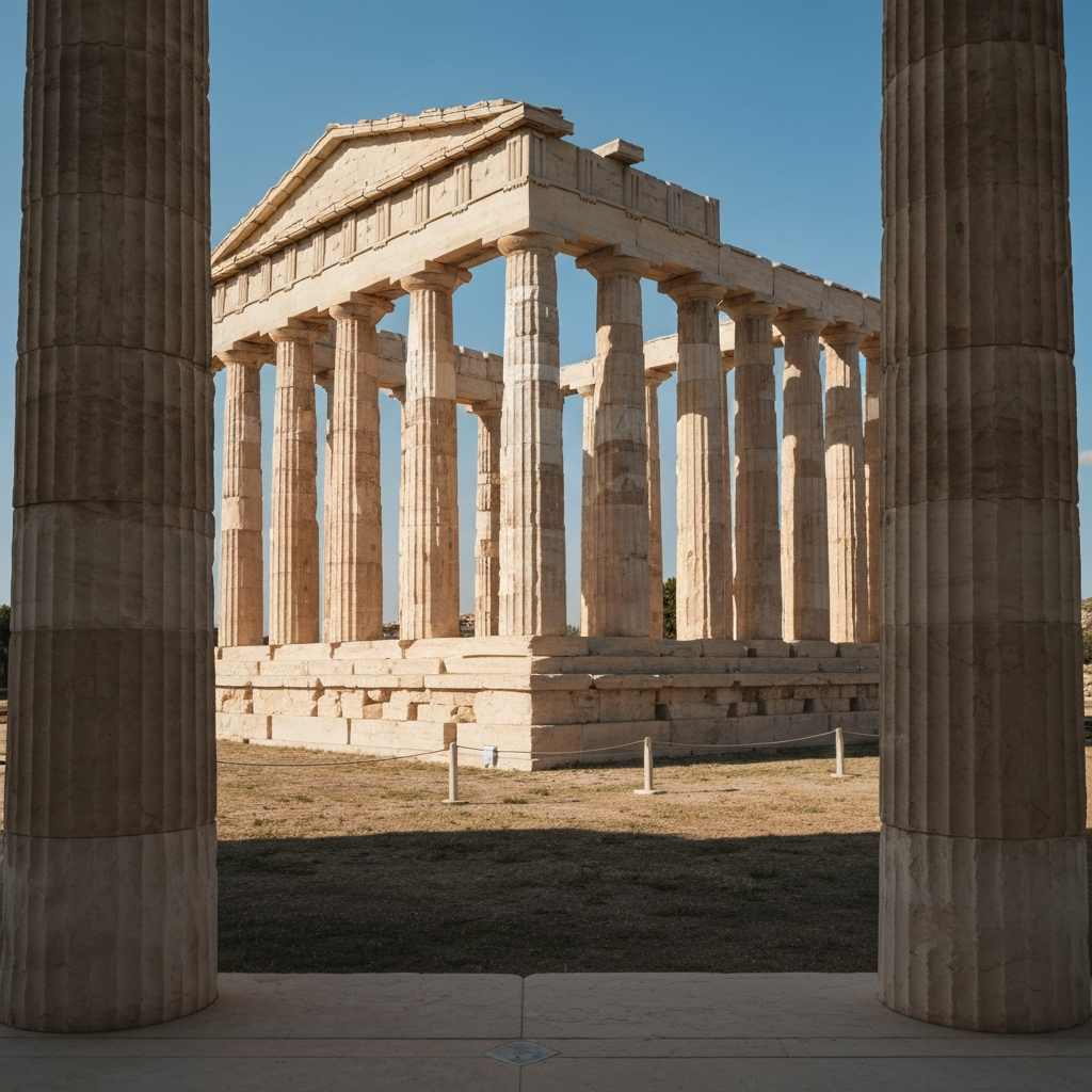 The well-preserved temple of Aphaea on Aegina, bathed in sunlight. High resolution to capture the architectural details and the surrounding landscape.