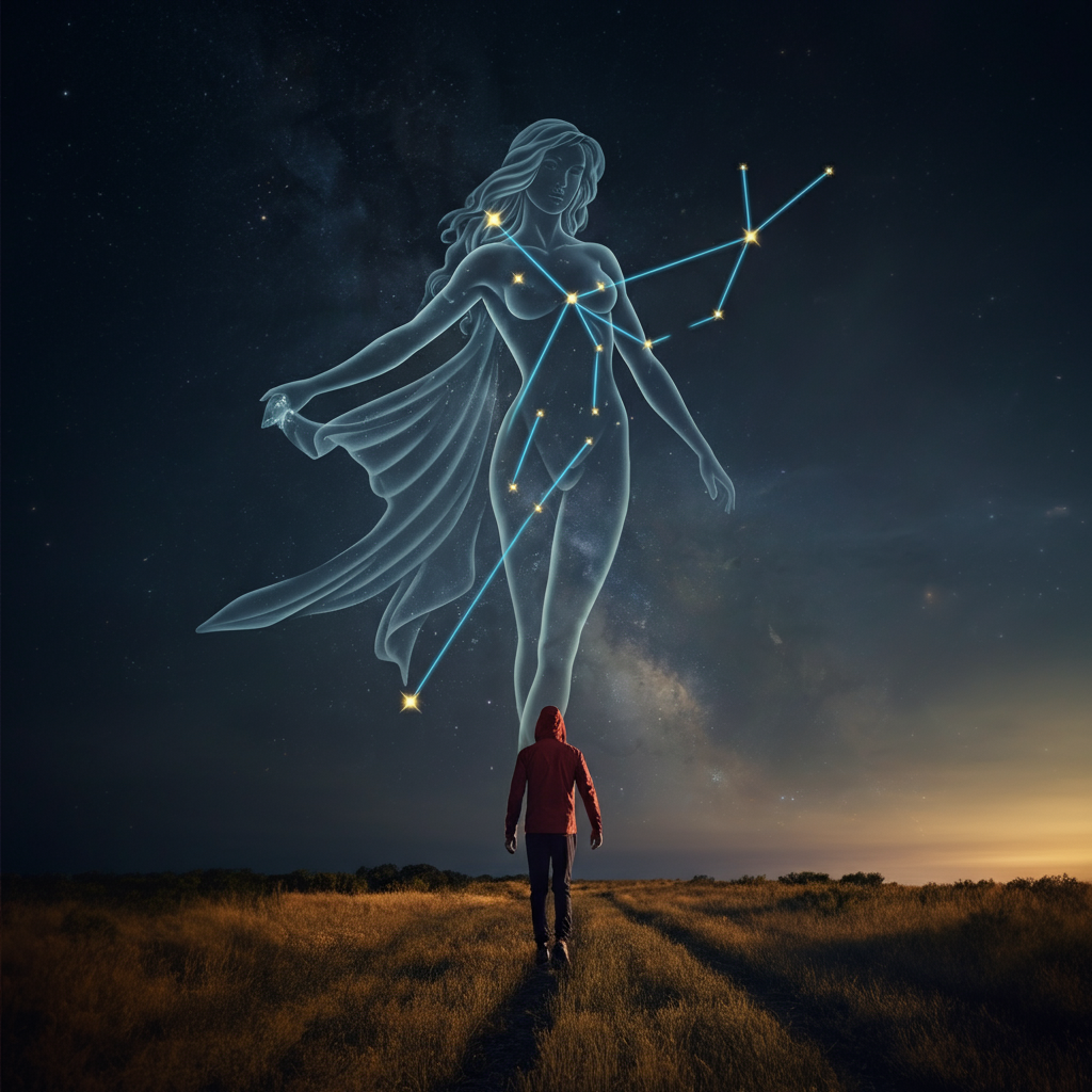 A panoramic view of the night sky, with the Virgo constellation prominently displayed. Soft bokeh effect to simulate the depth of space.