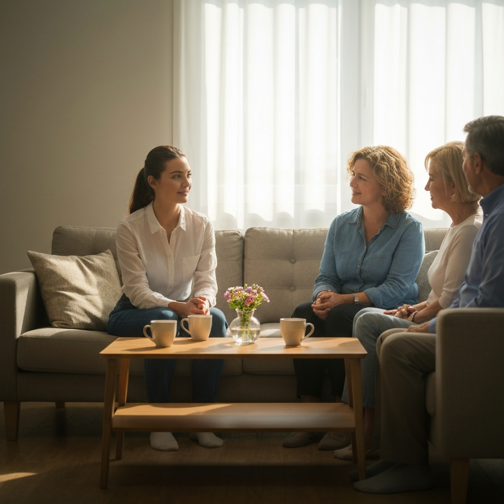A living room with soft, natural light streaming through the window. A young woman (the aunt) sits comfortably on a sofa, facing a couple (the parents). The scene is warm and inviting, with a focus on relaxed body language and genuine eye contact. The coffee table holds mugs of tea and a small vase of flowers.