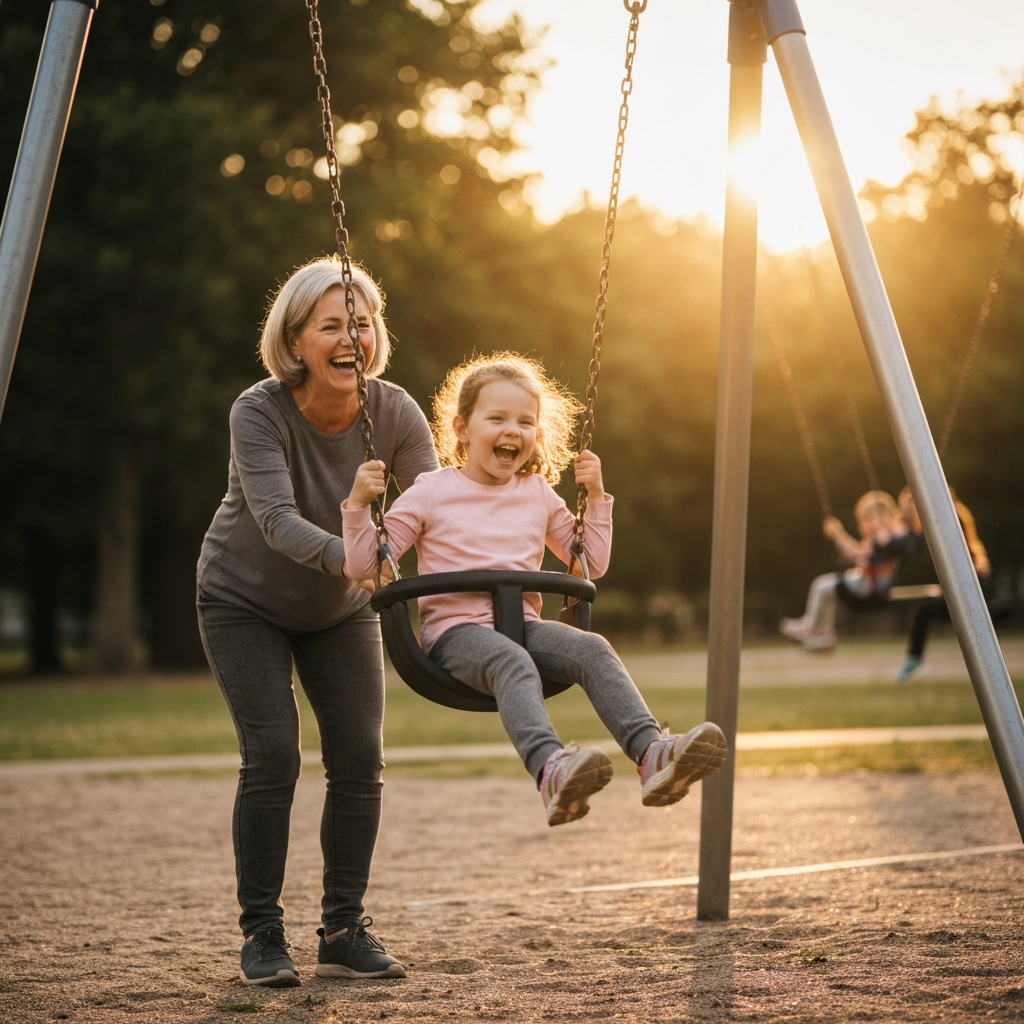 A sun-drenched park with children playing. A middle-aged aunt pushes a child on a swing, both laughing. The scene is joyful and active, with a soft focus on the background to emphasize the connection between aunt and niece/nephew.