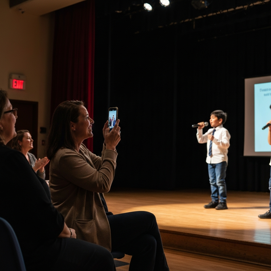 A brightly lit stage with a child performing in a school play. An aunt sits in the audience, beaming with pride, capturing the moment on her phone. The scene is energetic and supportive, with a focus on the child's performance.