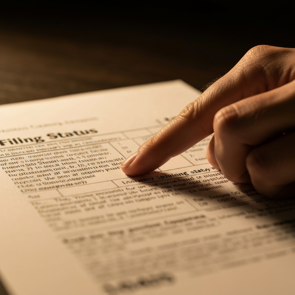 Close-up of a hand carefully pointing to a section on a printed 1040 form titled "Filing Status," under warm, diffuse lighting. Texture visible on the paper.