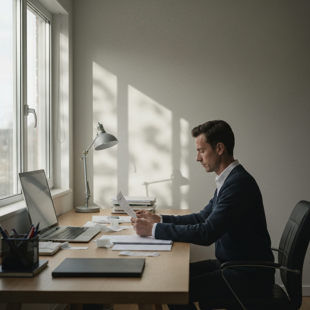 An organized home office setting with a person sitting at a desk, illuminated by natural light from a window. They are reviewing receipts and documents. Soft bokeh effect in the background.
