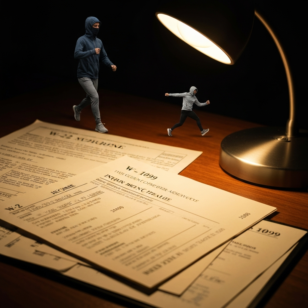 Detail shot of various income documents (W-2, 1099) neatly arranged on a desk under the soft glow of a desk lamp. Focus is on the clear printing of the numbers and labels.