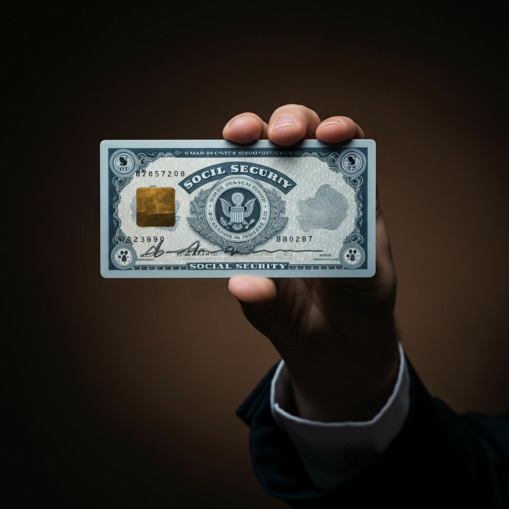 A hand holding a Social Security card, with the SSN partially blurred for privacy. The background is a softly lit, neutral-toned wall.