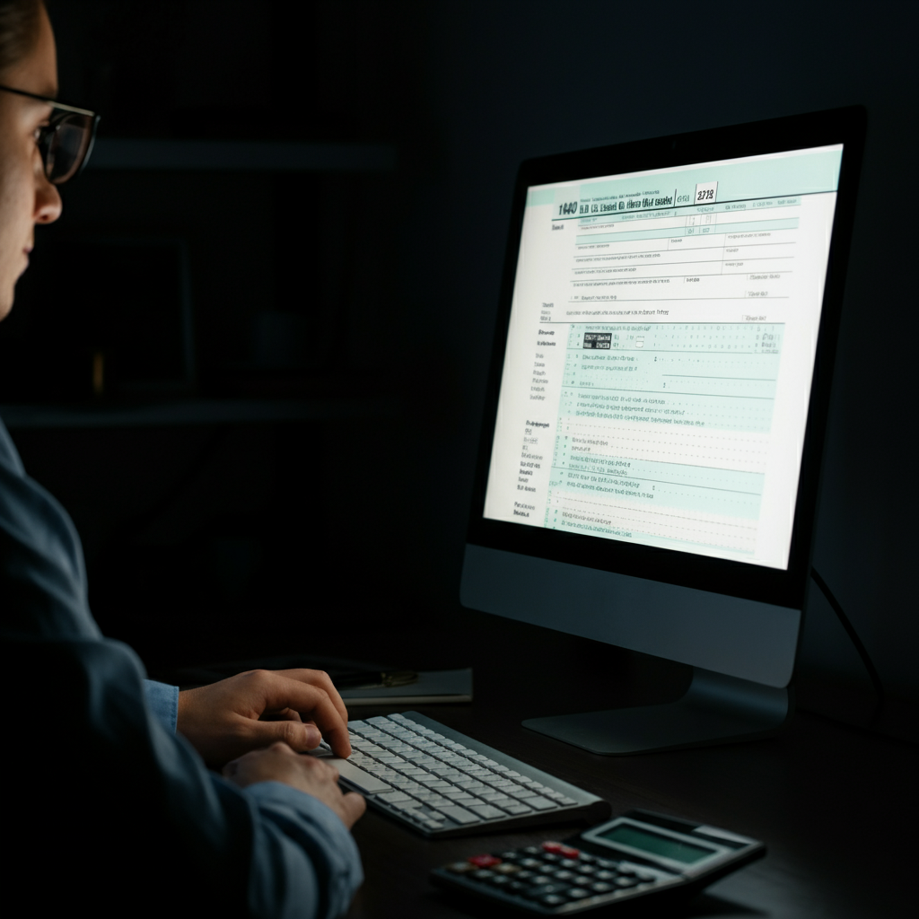 A computer screen displaying a completed tax form with numbers highlighted, illuminated by the screen's glow. A calculator rests beside the keyboard.