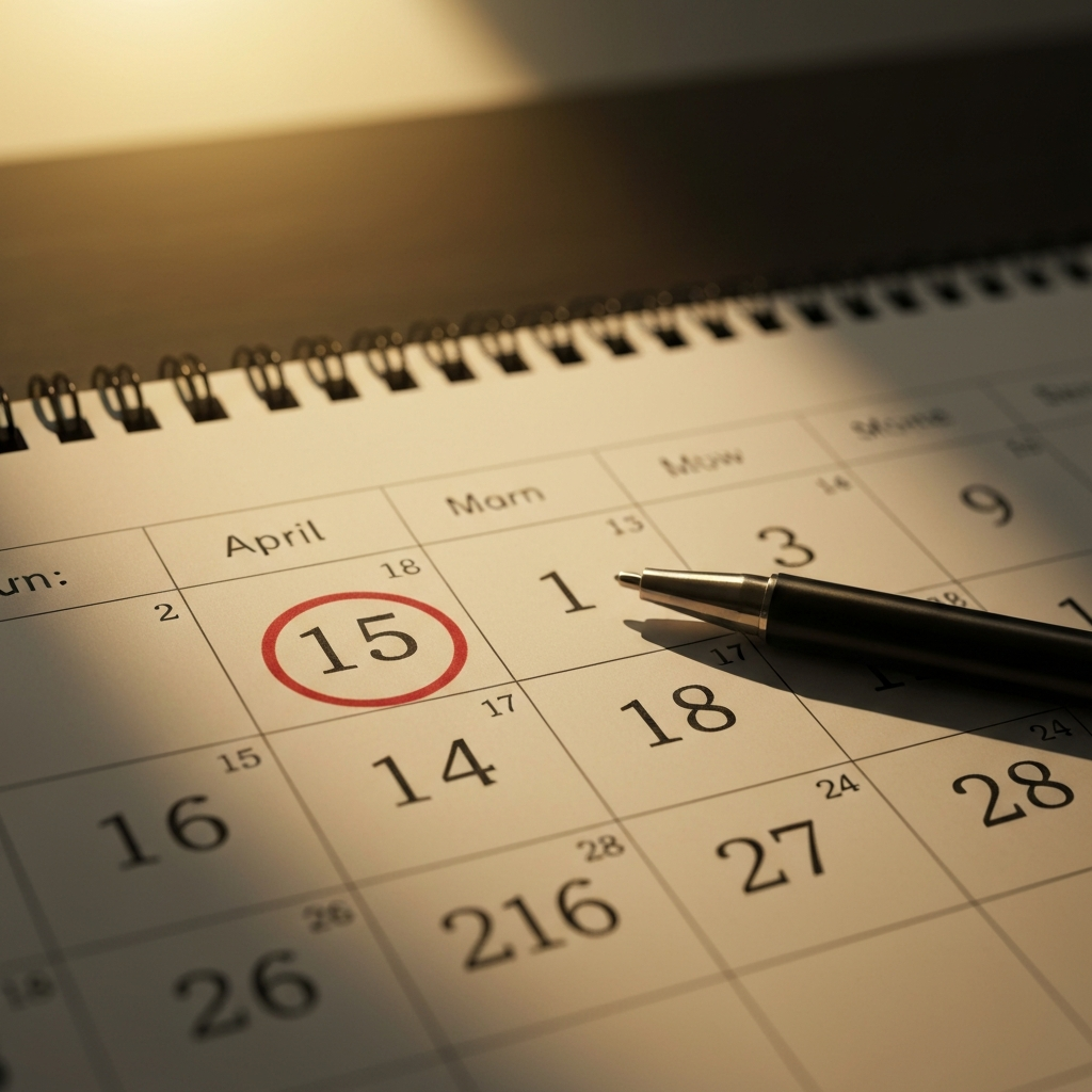 A close-up of a calendar displaying the month of April with the 15th circled in red. A pen rests on the calendar. Golden hour lighting creates a warm, nostalgic feel.