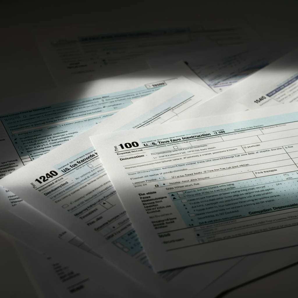 Several tax forms and schedules neatly spread out on a desk, with a set of instructions booklet open beside them. Natural light streams in, highlighting the details of the printed text.
