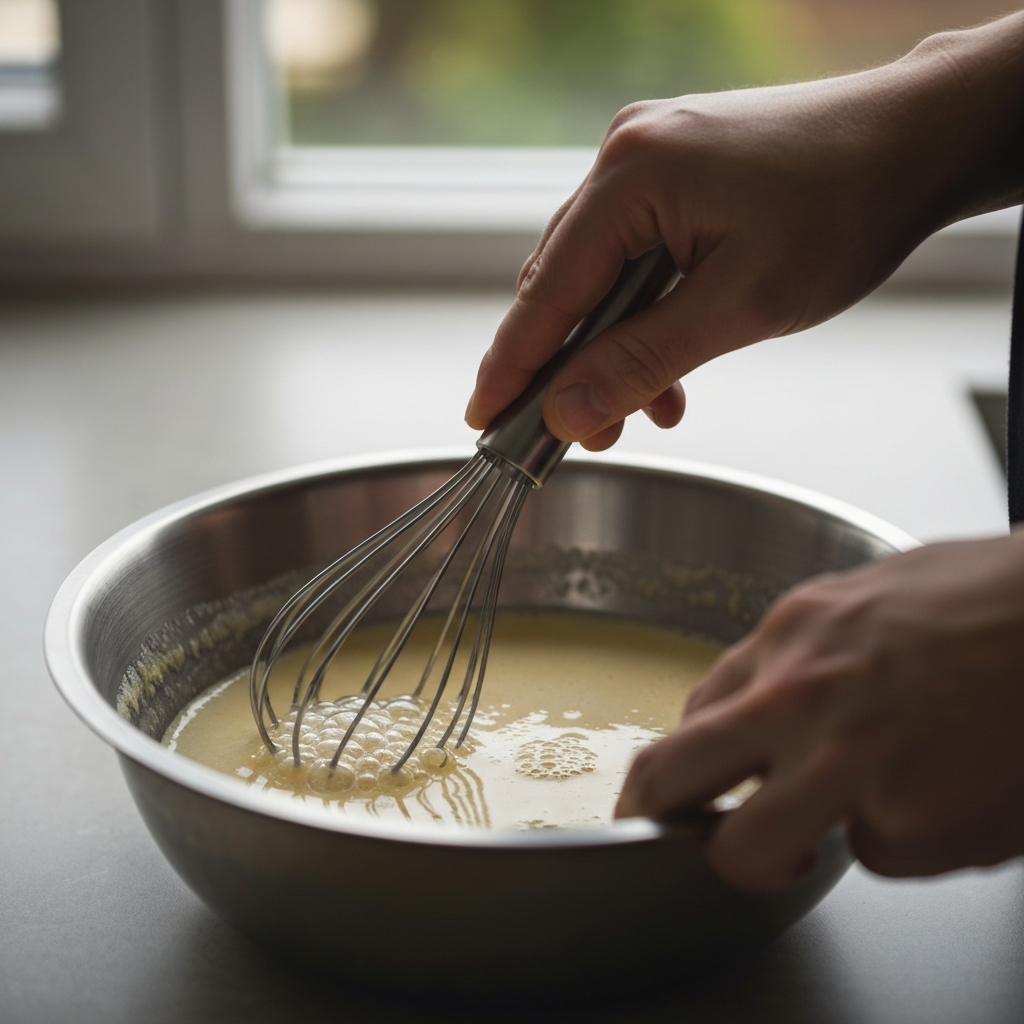 Close up of a hand whisking wet ingredients in a stainless steel bowl. Soft natural light from a nearby window highlights the bubbles forming on the surface. Shallow depth of field with background elements slightly blurred.