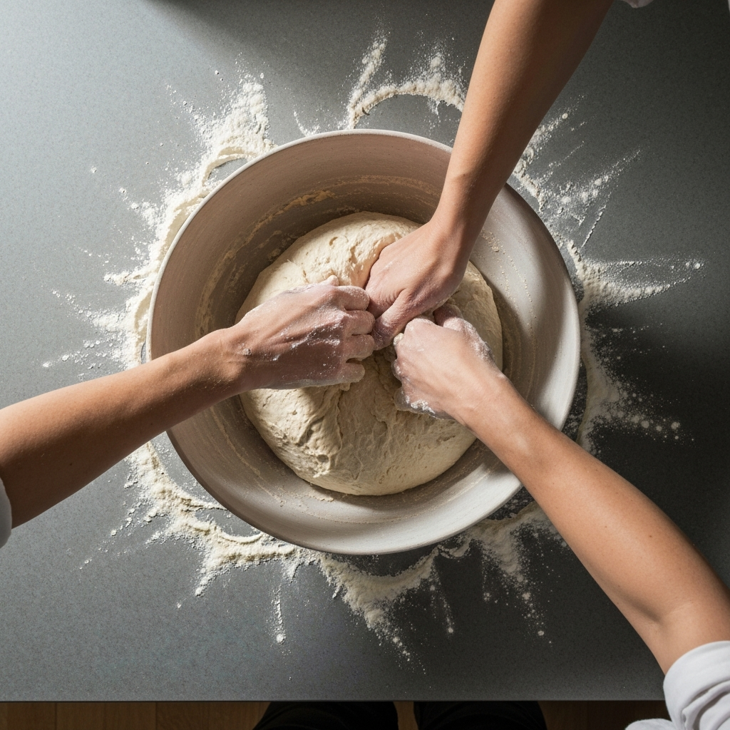 Overhead shot of hands kneading dough in a large ceramic bowl. Flour dusts the surface and surrounding countertop. Diffused light creates soft shadows.