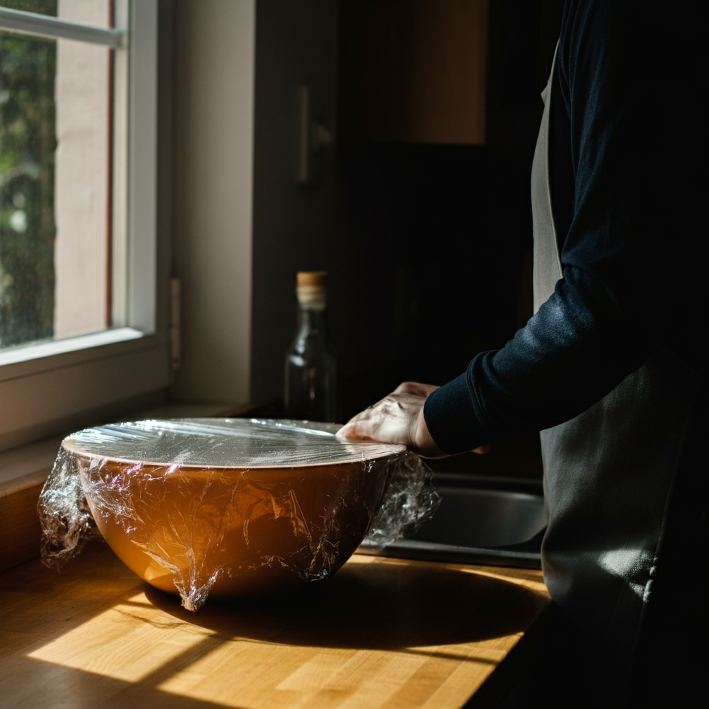 Wide shot of a large bowl covered with plastic wrap and a tea towel, sitting on a wooden countertop next to a sunlit window. Soft focus on the background.