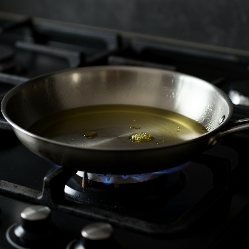 Medium shot of a stainless-steel pan filled with oil on a gas stovetop. The burner is lit, and a gentle shimmer is visible in the oil. Soft focus background.