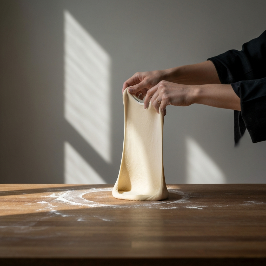 Side view of hands stretching a ball of dough into a flat disc shape, with a textured wooden surface as the background. Natural light from a window highlights the delicate texture of the dough as it stretches.
