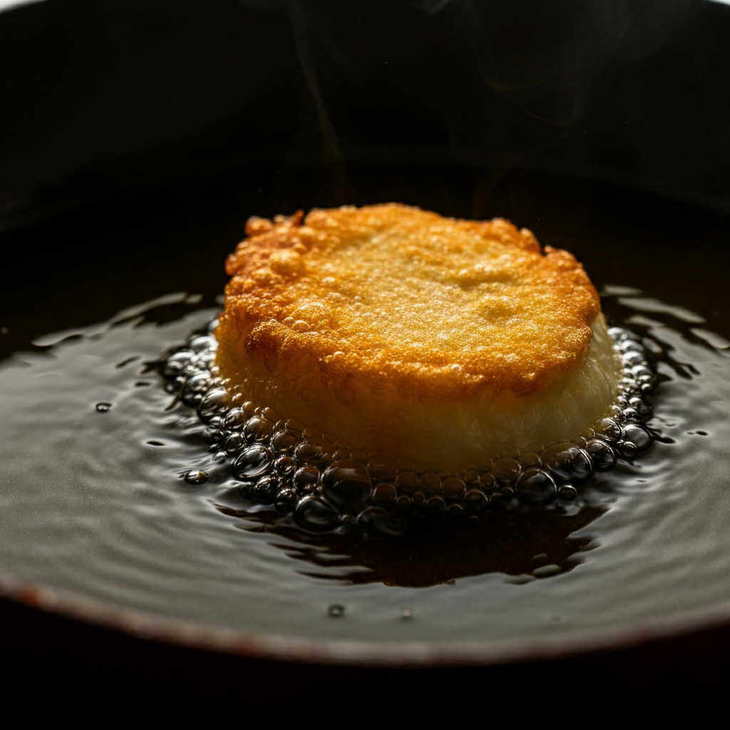 Close-up of a small piece of dough sizzling in hot oil in a pan. Bubbles are forming around the dough, and it's beginning to turn golden brown. Shallow depth of field.