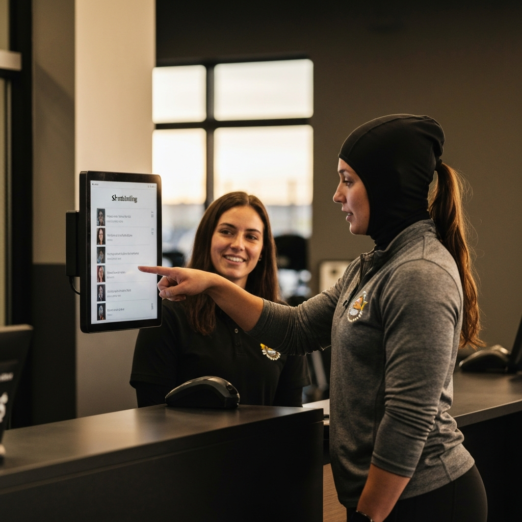 A Planet Fitness member interacting with the front desk staff, pointing at a scheduling screen. The lighting is bright and professional, highlighting the digital display and friendly interaction.