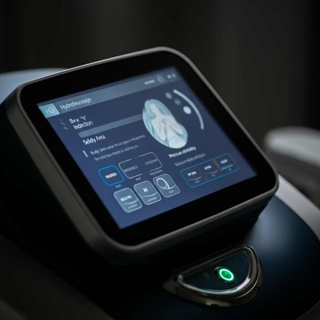 A close-up of the HydroMassage touchscreen interface, displaying options for body area selection, pressure intensity, and session duration. Soft lighting illuminates the screen, showcasing the intuitive design.