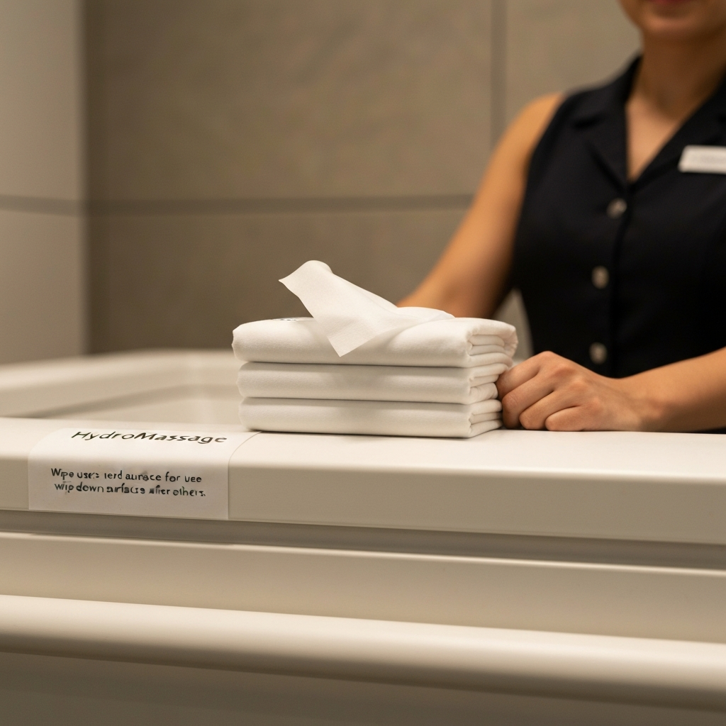 A neatly folded stack of sanitary wipes next to the HydroMassage bed, with a subtle sign reminding users to wipe down the surface after use. The focus is on cleanliness and consideration for others.