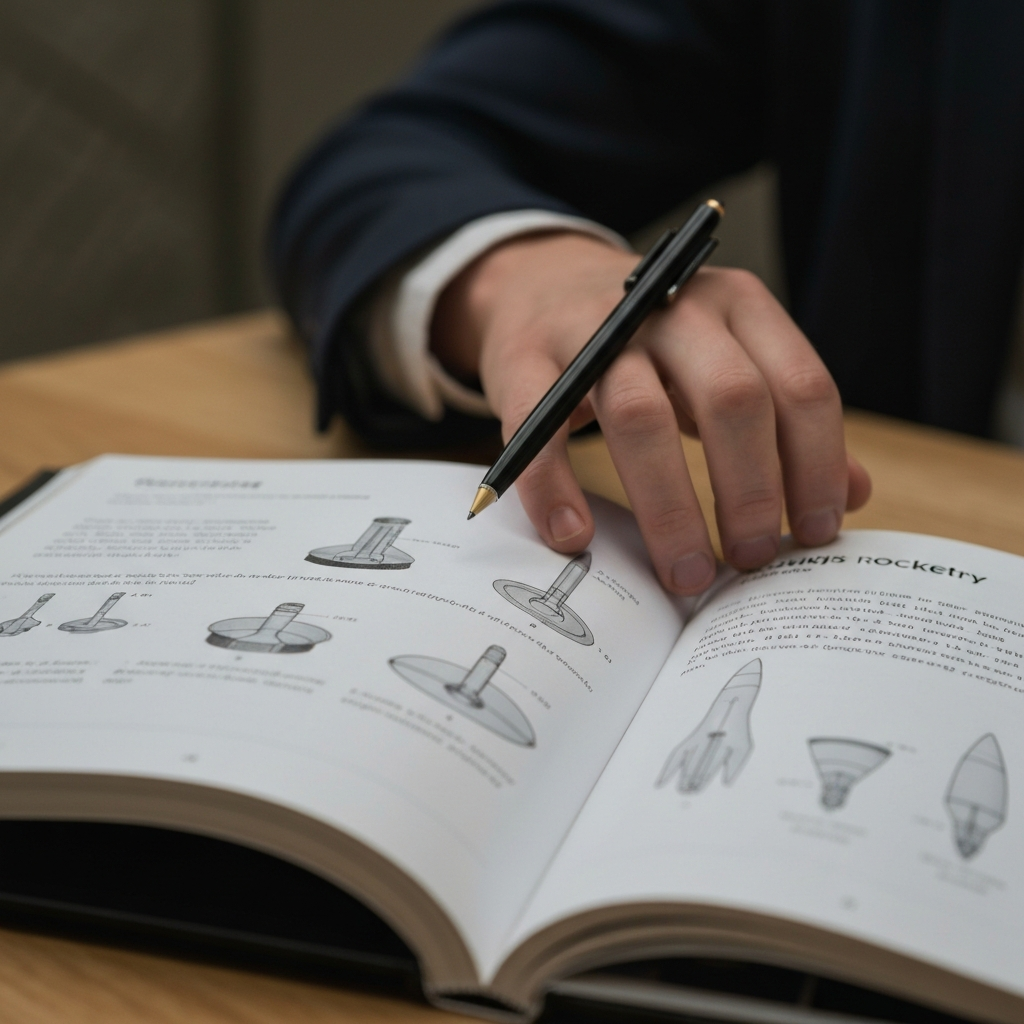A close-up shot of an open textbook about rocketry, highlighting diagrams of rocket components. Soft, natural lighting, shallow depth of field, emphasizing the intricate details of the illustrations.