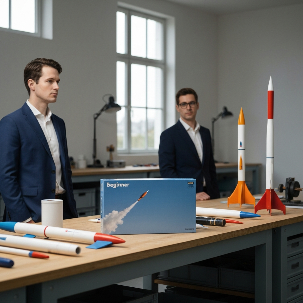 A well-lit workbench with various model rocket kits displayed. Focus on a clearly labeled "Beginner" kit box. The box shows an image of the assembled rocket soaring through the sky. The backdrop is a clean, organized workshop.