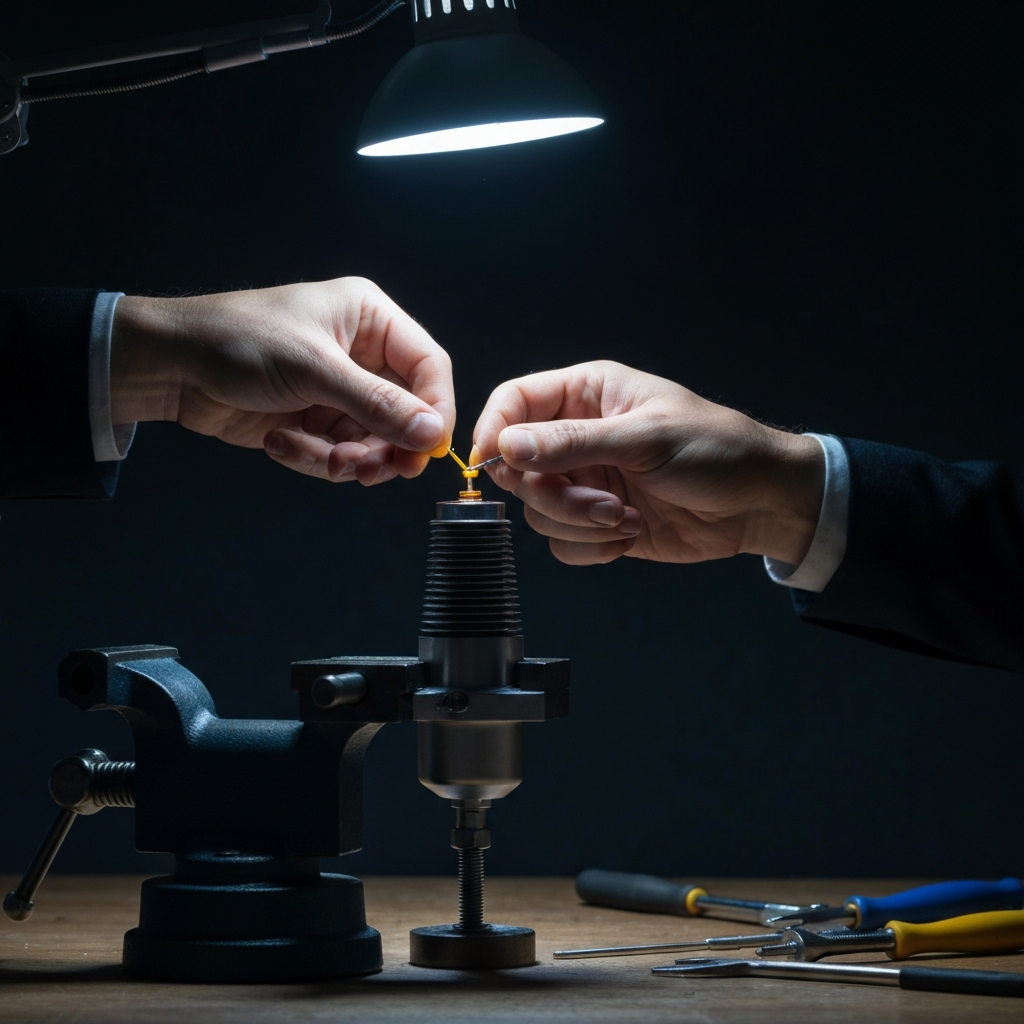 A close-up shot of a hobbyist carefully inserting an igniter into a model rocket engine. The engine is held securely in a vise. Bright, focused lighting illuminates the small components. Tools are neatly organized on the workbench.