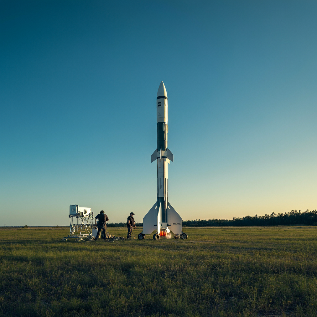 A wide-angle shot of a large, open field with a clear blue sky. A small group of people are setting up a launch pad in the distance. The foreground is green grass, and the background is a distant treeline. Golden hour lighting adds a warm, inviting feel.