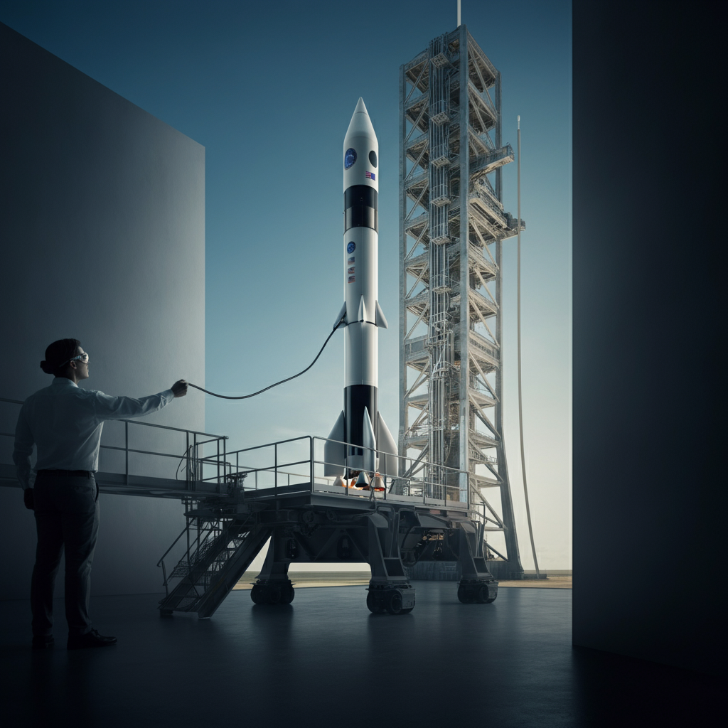 A rocket on a launch pad, connected to a launch controller. A person wearing safety glasses stands at a safe distance, holding the launch controller. The background is a clear blue sky. The launch pad is stable and well-positioned.