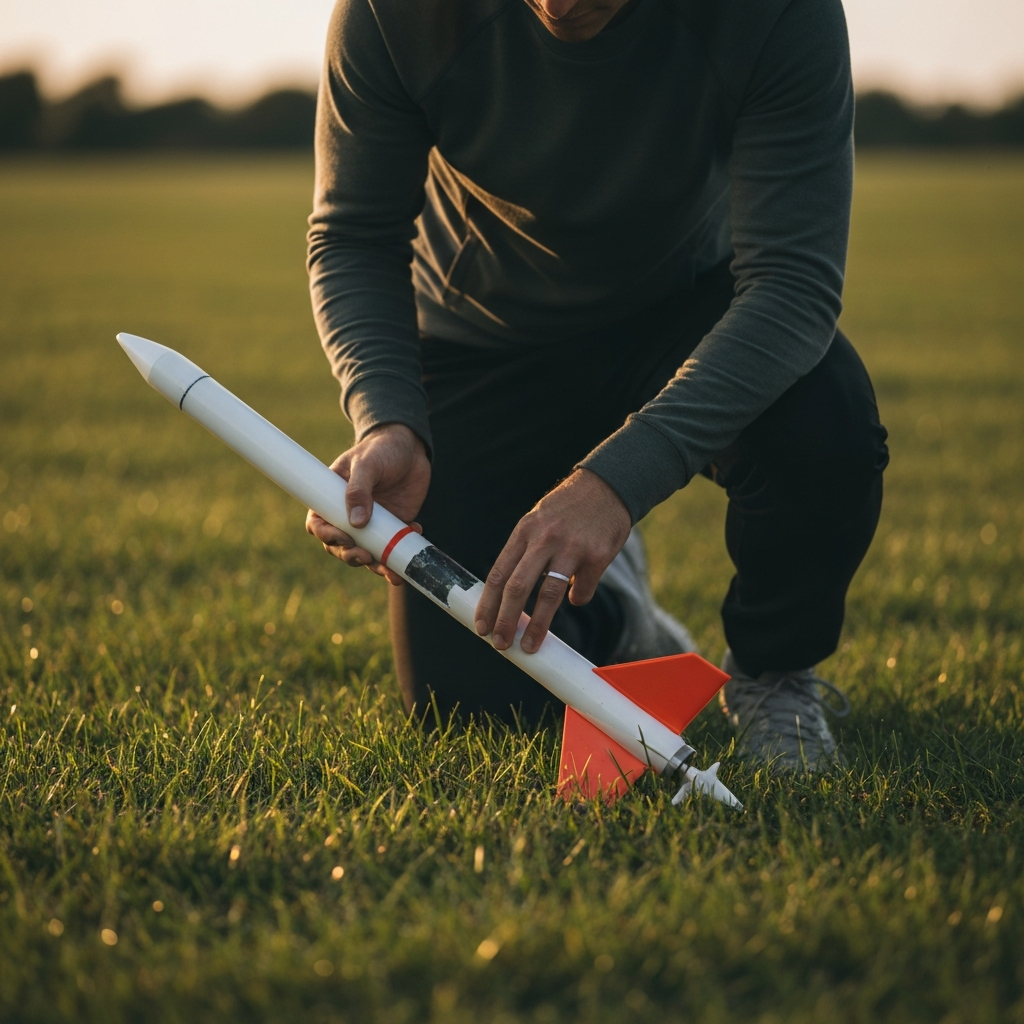 A person retrieving a model rocket from a grassy field. They are carefully holding the rocket and inspecting it for damage. Soft, diffused lighting. Focus is on the rocket and the person's hands.