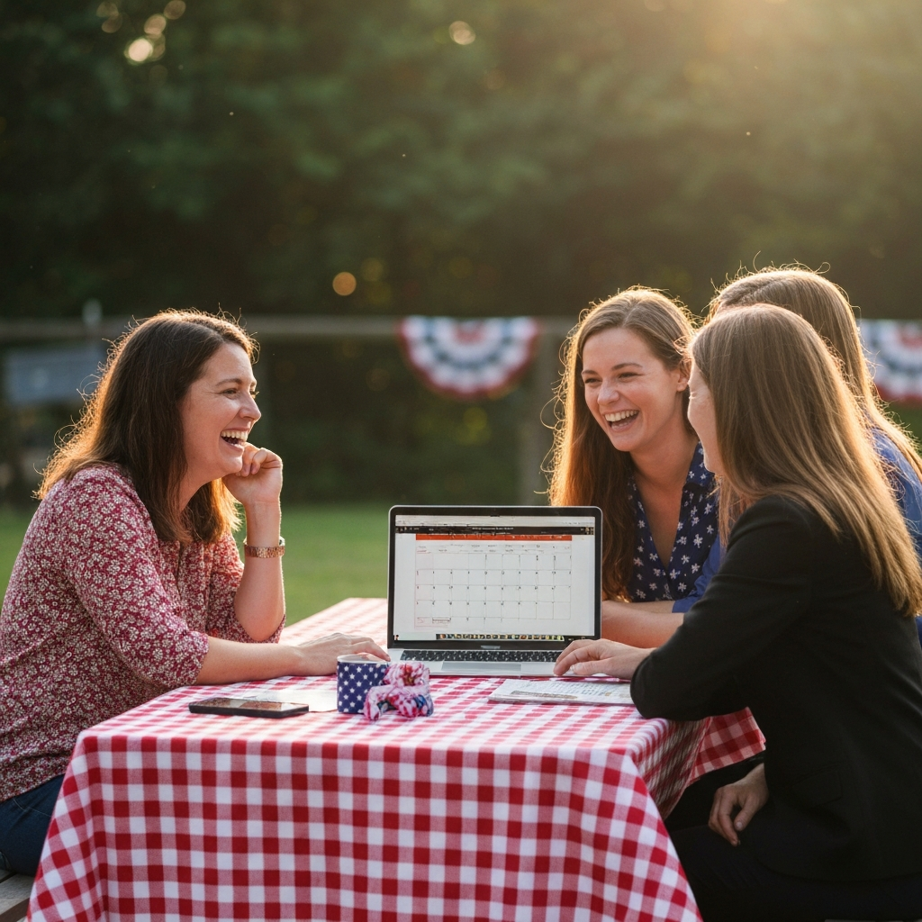 A sun-drenched picnic table set with a festive red-and-white checkered tablecloth. Three women are seated around it, laughing and looking at a laptop displaying a calendar. Soft bokeh in the background with patriotic decorations subtly visible.