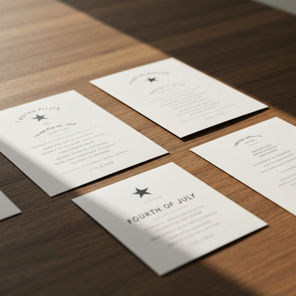 A close-up shot of several beautifully designed Fourth of July invitations laid out on a wooden surface. The light is soft and natural, highlighting the textures of the paper and the vibrant colors of the designs.