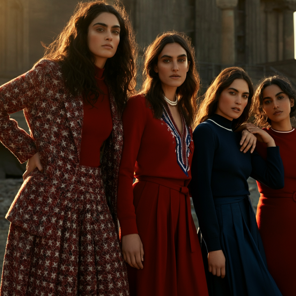 A group of four women standing together outdoors, all dressed in stylish but modest red, white, and blue outfits. The lighting is golden hour, creating a warm and celebratory atmosphere.