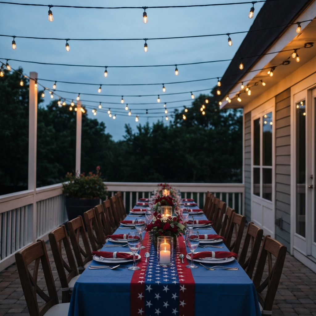A beautifully decorated outdoor patio at dusk. String lights are hung overhead, and a table is set with red, white, and blue tablecloths and centerpieces. Soft, diffused light illuminates the scene.