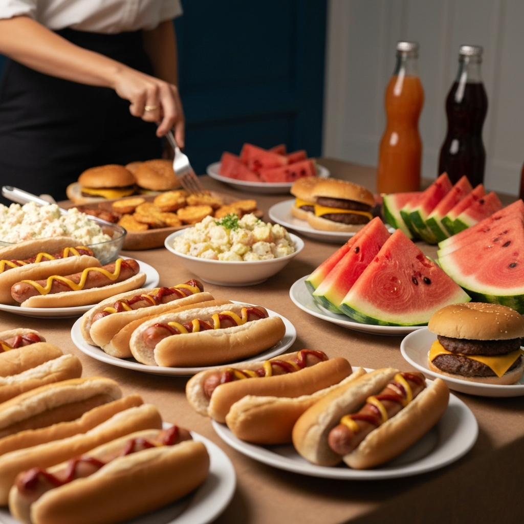 A buffet table laden with classic Fourth of July foods, including hot dogs, hamburgers, potato salad, and watermelon slices. The lighting is bright and cheerful, highlighting the vibrant colors of the food.