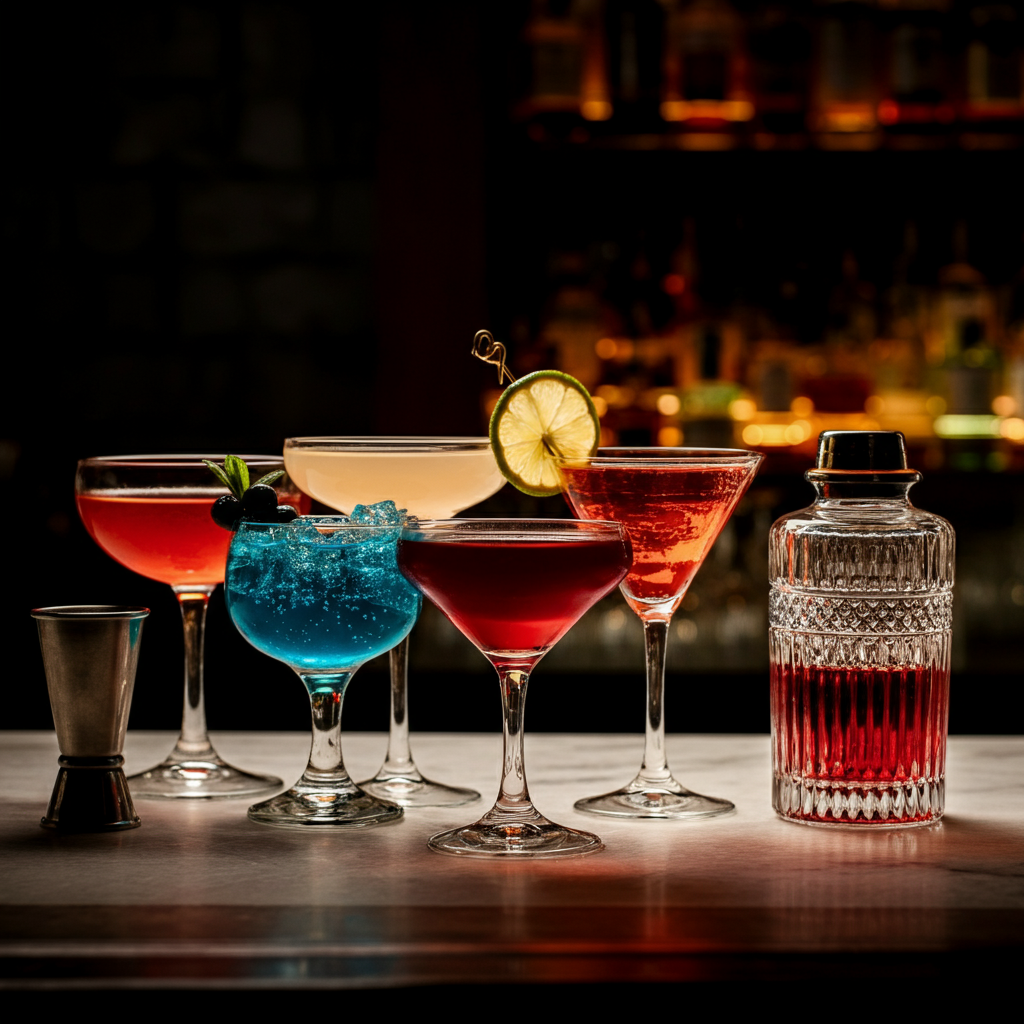A close-up shot of a variety of colorful and festive Fourth of July cocktails on a bar. The lighting is soft and inviting, highlighting the different colors and textures of the drinks.