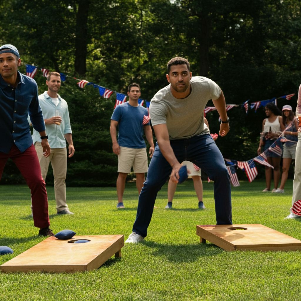 People playing outdoor games like cornhole and ladder toss during a Fourth of July party. The lighting is bright and sunny, and the atmosphere is lively and fun.