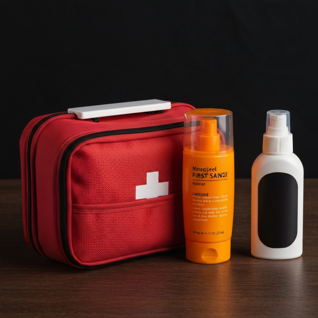 A well-organized first-aid kit sitting on a table next to a bottle of sunscreen and insect repellent. The lighting is clean and professional, emphasizing the importance of safety.