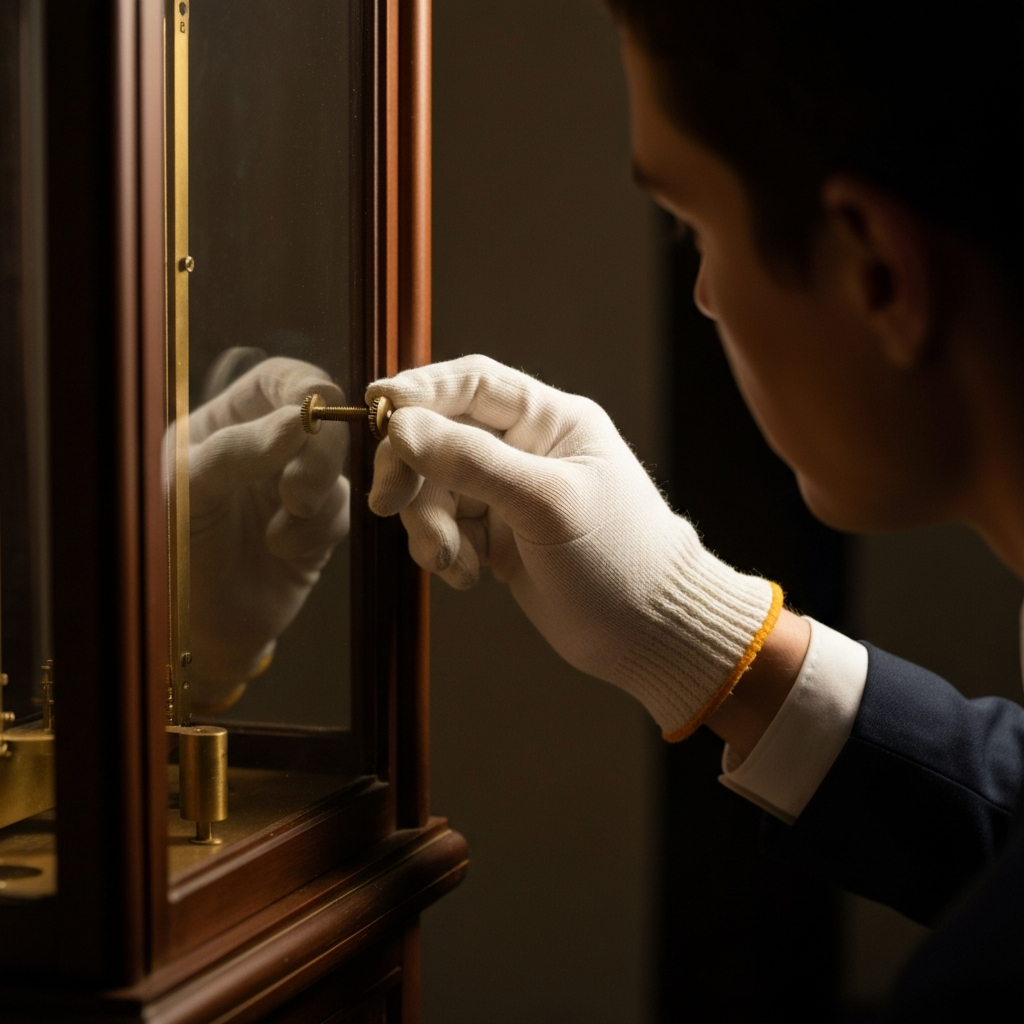 Close-up shot of a person wearing cotton gloves carefully unscrewing a small brass knob inside the grandfather clock. Soft, diffused light illuminates the glass panel.