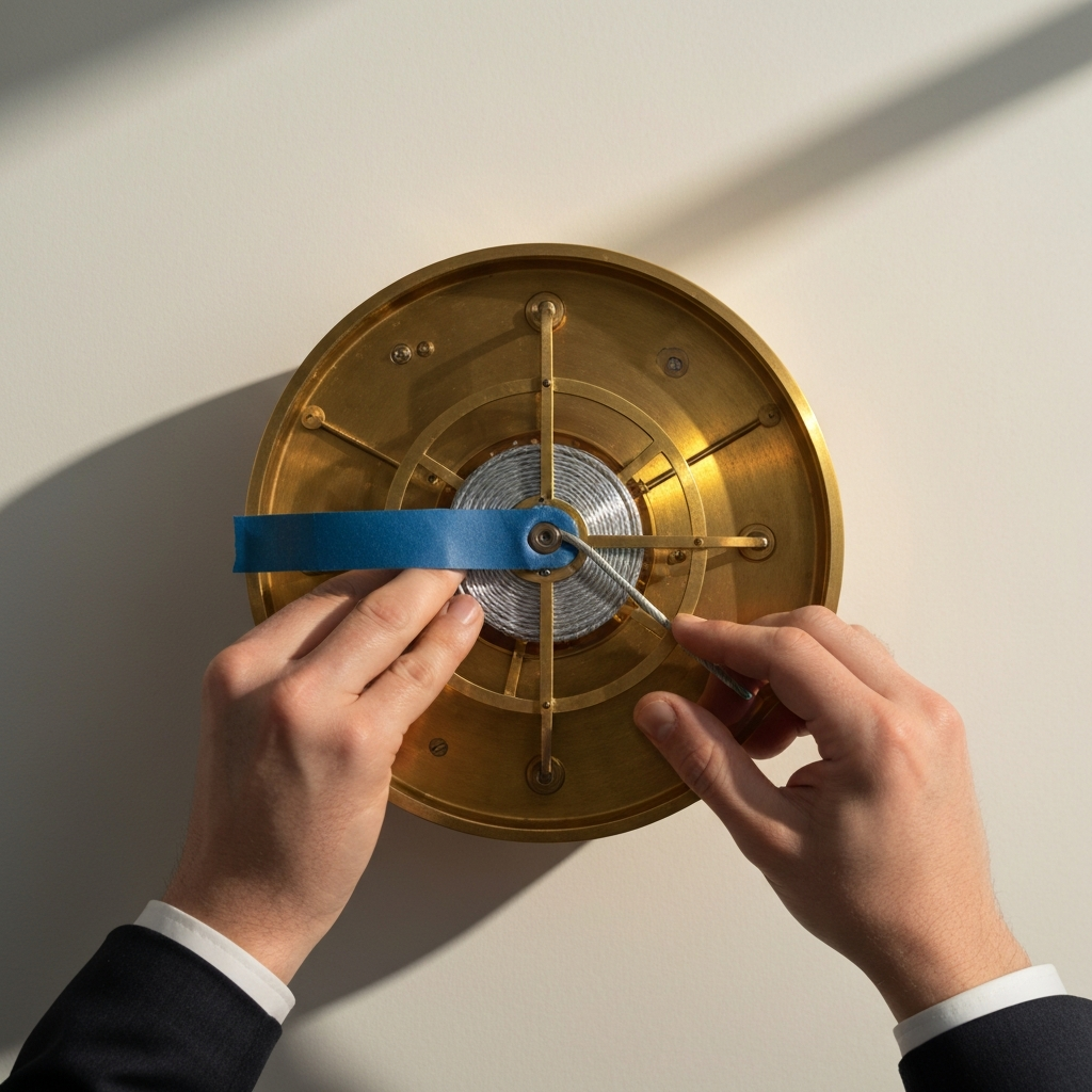 Top-down view inside the clock mechanism, showing a hand carefully applying blue painter's tape to secure a silver cable on its spool. Golden hour lighting creates a soft glow on the brass components.