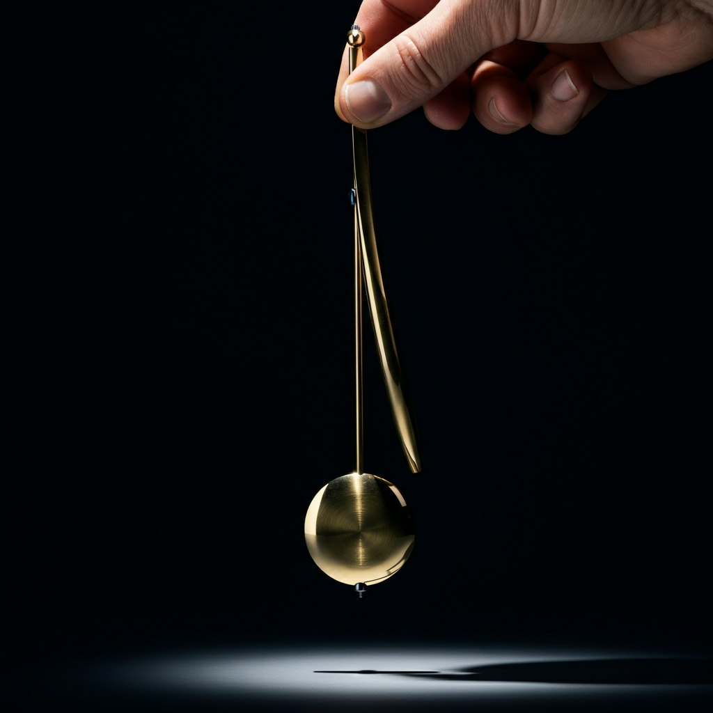 Close-up of a hand carefully lifting a polished brass pendulum away from the clock's inner mechanism. A single, soft light source highlights the pendulum's curve.