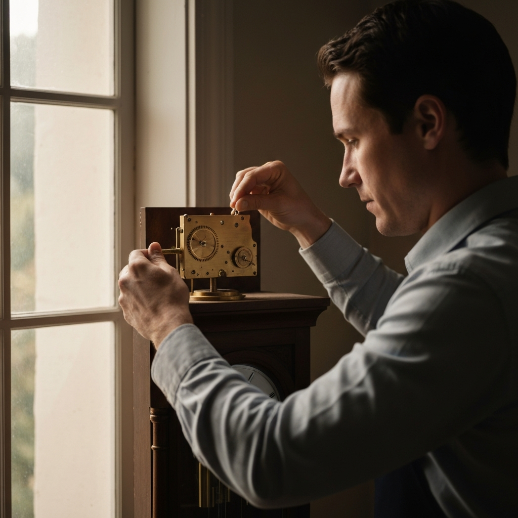 Wide shot of a person carefully removing the brass clock movement from the top of the grandfather clock, with a soft glow coming from a nearby window.
