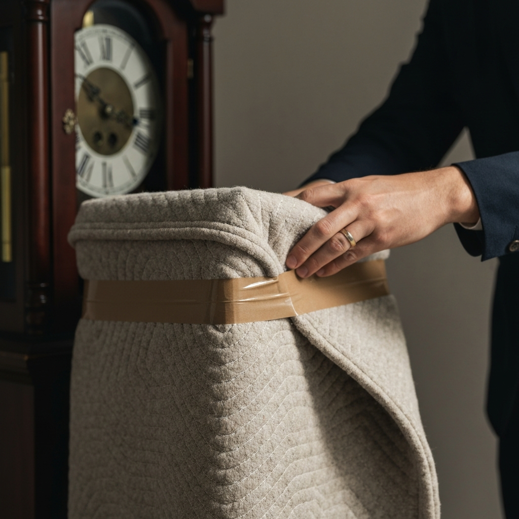 Close-up of a person's hands carefully wrapping a corner of the grandfather clock with a thick moving blanket, securing it with brown packing tape. The light catches the texture of the blanket.