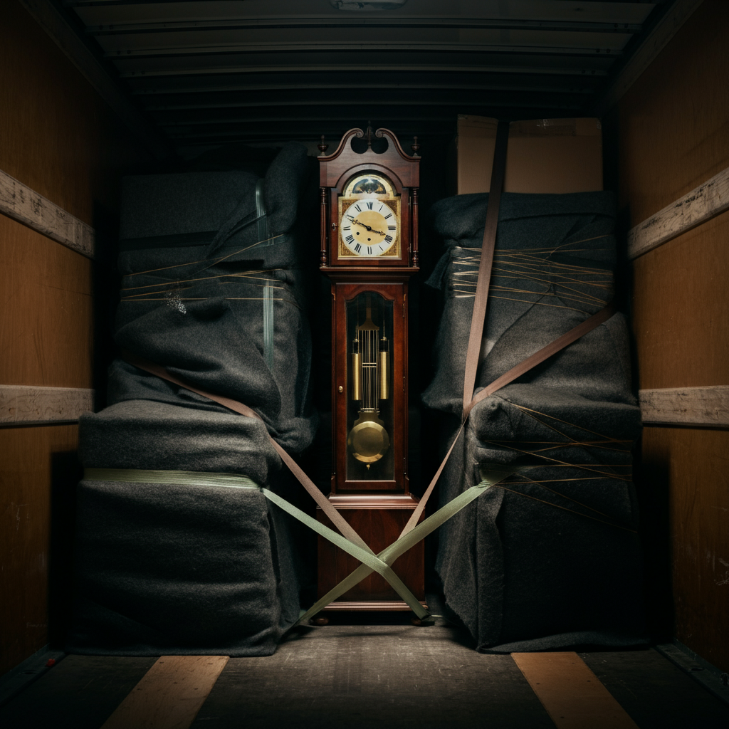 Interior of a moving truck, showing the grandfather clock securely strapped against the wall, surrounded by other furniture wrapped in blankets. Soft, diffused lighting from the truck's windows.
